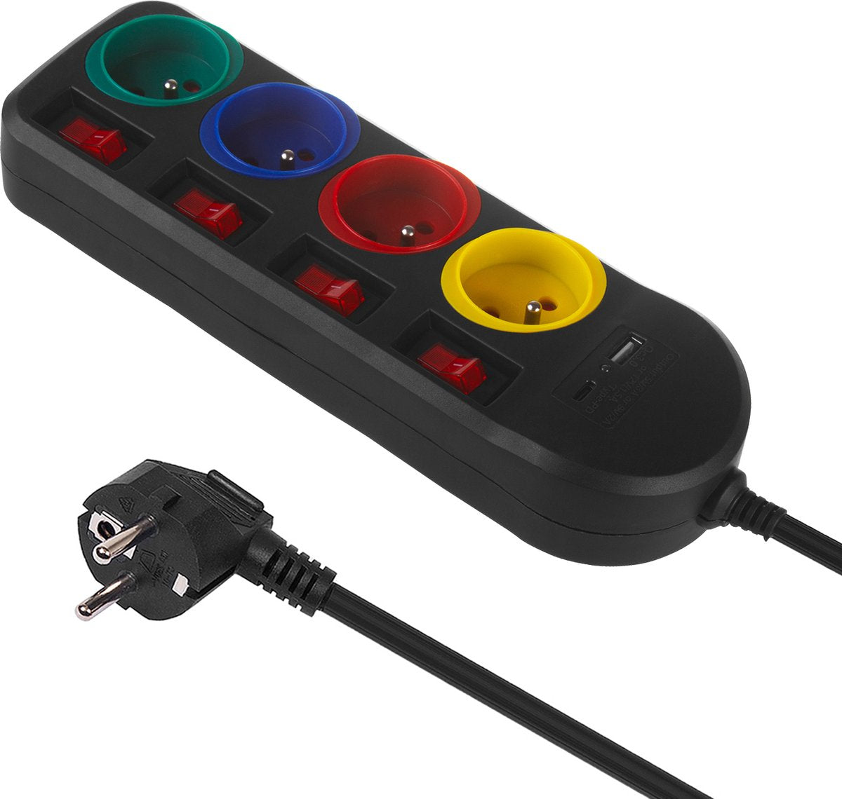 Maclean mce508 b - multiprise - 4x rallonge + USB A C, avec interrupteurs - 250vac 10a - 1,5m - noir