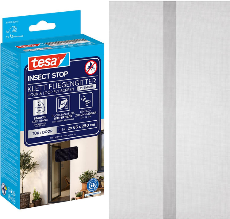 Tesa Insect Stop H L Moustiquaire Premium pour Portes - Moustiquaire pour Porte avec Velcro, Amovible, Anthracite - 120 x 250 cm