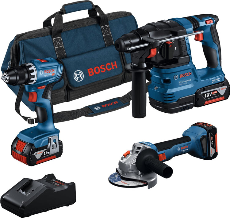 Boîte à outils professionnelle Bosch 18v - ensemble combiné - gsr 18v-45 + gws 18v-8 + gbh 18v-22 + 3x batterie gba 18v 4,0 ah et chargeur gal 18v-40