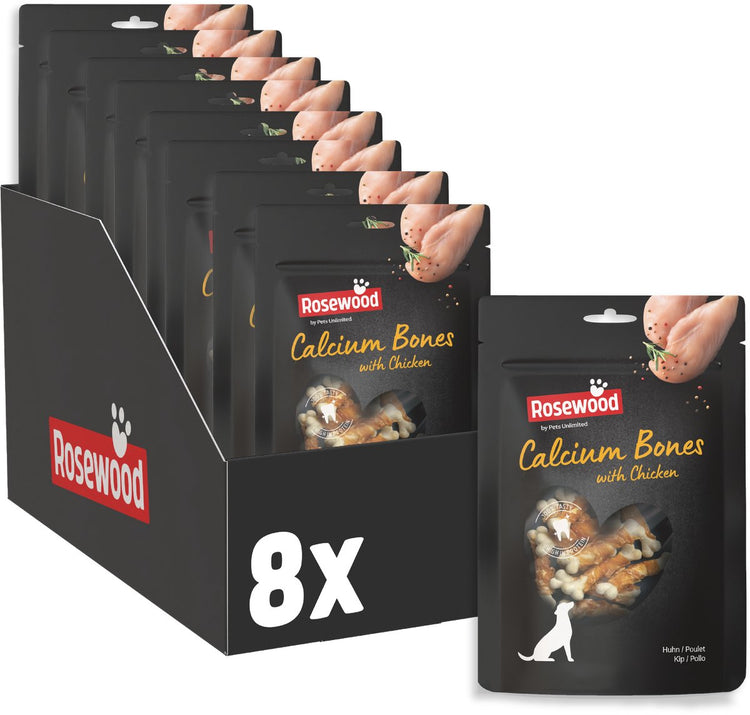 Os de poulet au calcium au bois de rose - Snack pour chien avec supplément de calcium - avec cuir brut de poulet - sans céréales - 8 sachets de 100g