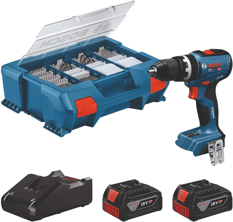 Bosch bleu gsb 18v-65 perceuse visseuse à percussion sans fil | comprenant 2x chargeur GBA 18v 4,0 ah gal 18v-40 | 82 accessoires - 06019n3307