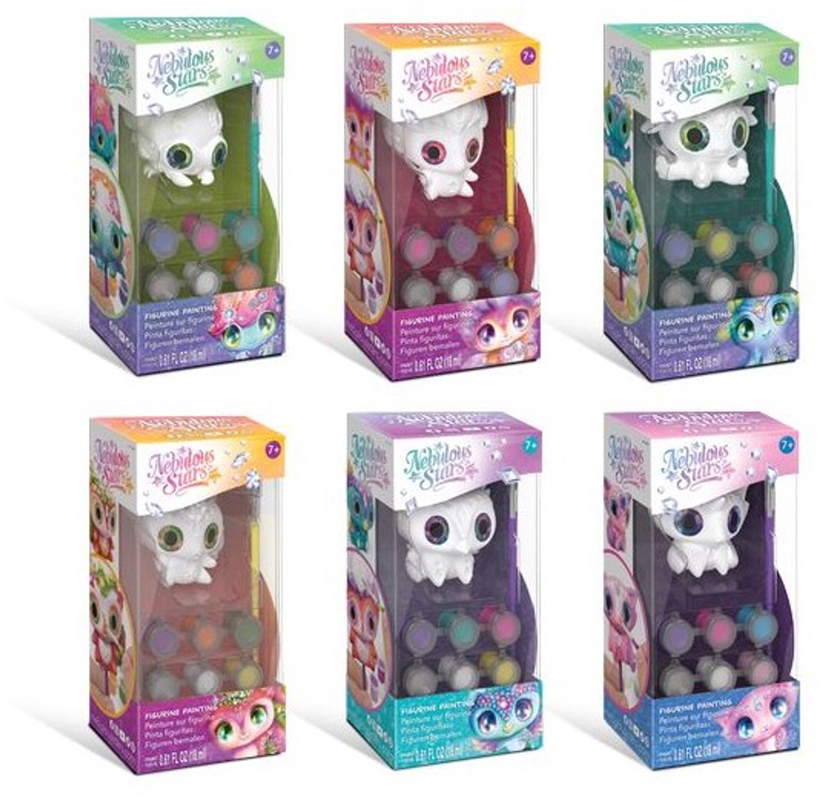Étoiles nébuleuses peignant sur un ensemble de figurines - jouets créatifs avec des créatures fantastiques.