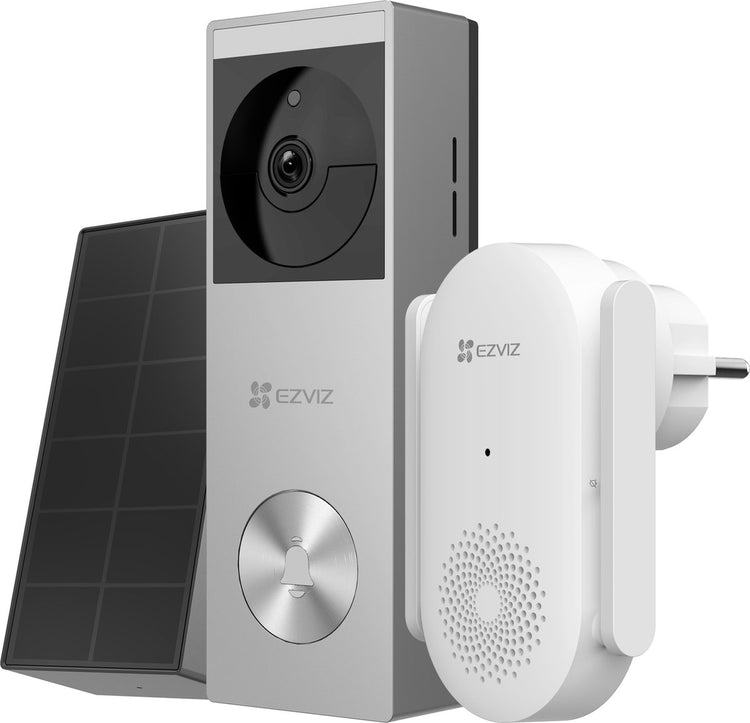 Ezviz hp3 pro + ch1 – kit de sonnette vidéo – 2k HD – vision nocturne couleur – pas d'abonnement – stockage 32 Go – panneau solaire – IP65 - argent - 1 set
