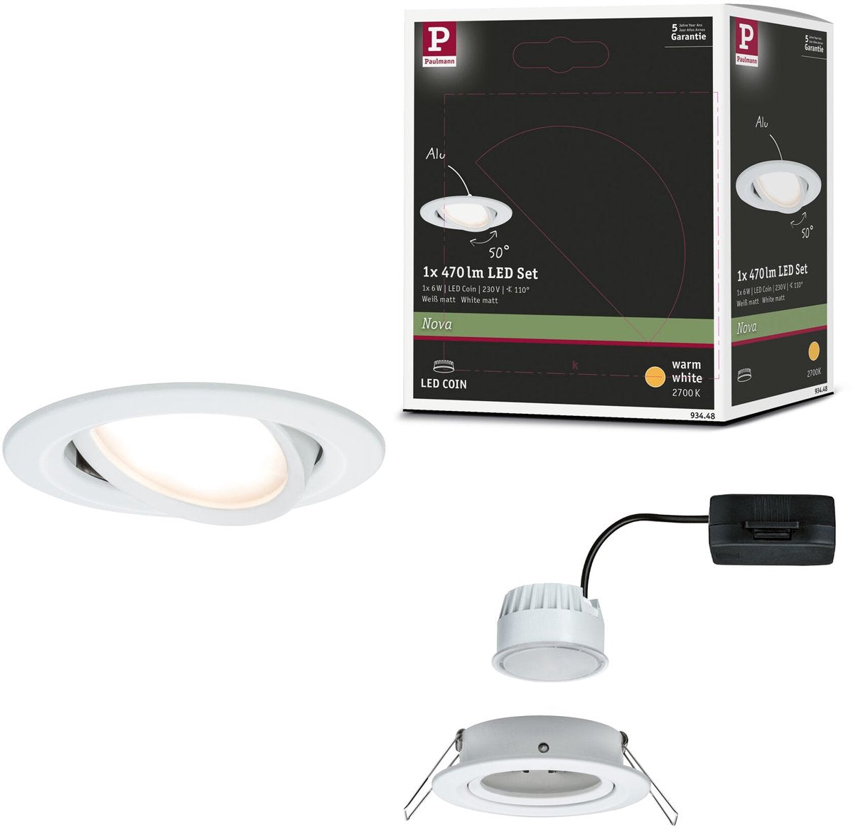 Paulmann lampe encastrable LED Nova Coin lampe simple orientable ronde 84 mm 50° coin 6W 470lm 230V 2700K blanc mat