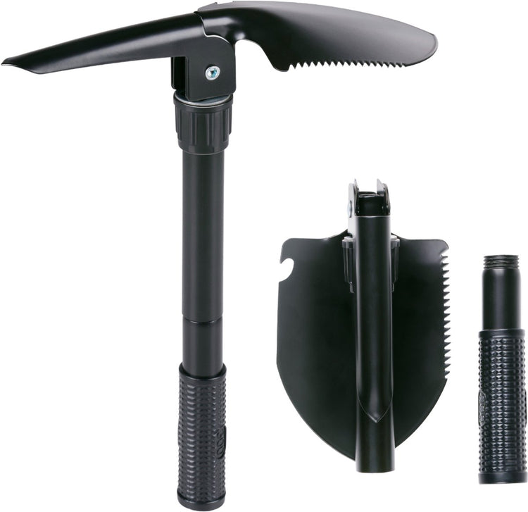 Pelle Camp active 4 en 1 - pelle pliante avec pioche et scie - pelle multi-outils pour le camping et la survie - pelle tactique avec ouvre-bouteille - noir