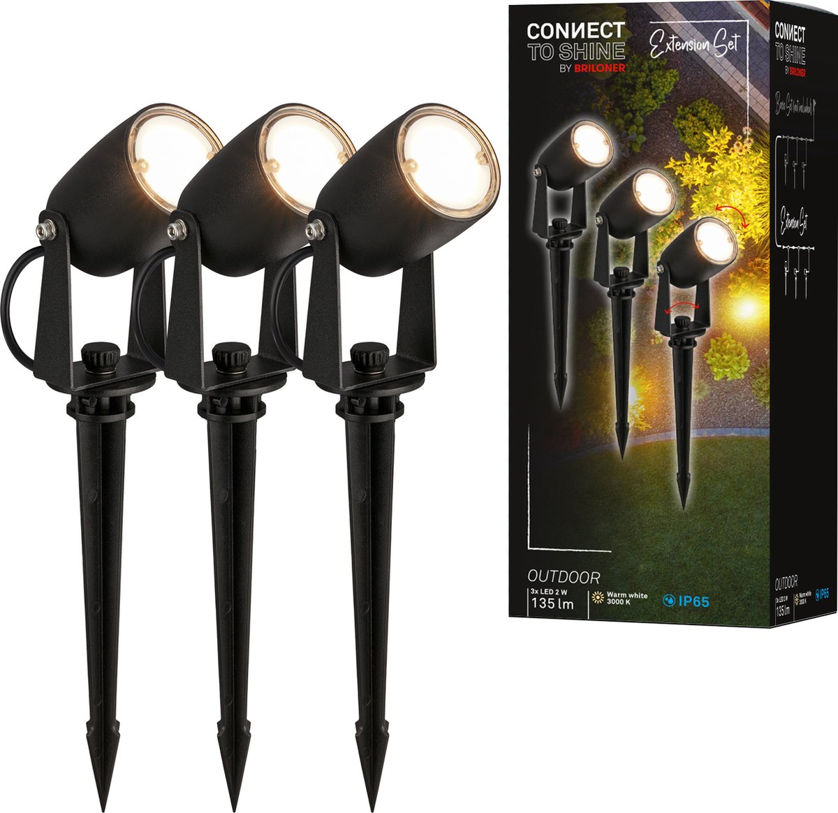 Briloner connect to Shine - Spike Spot - Lot de 3 - Kit d'extension de projecteur de jardin - Éclairage de jardin - IP65 - Lumière blanche chaude - ø4x2,5 cm