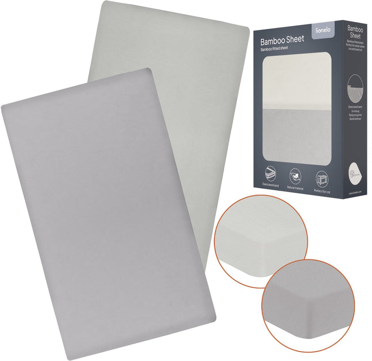Lionelo bamboe hoeslaken 60x120cm - 2 stuks - voor babymatras in ledikant en reisbedje - universeel passend, zachte materiaal, elastiek, ademend, huidvriendelijk - baby bed matras laken voor campingbedje stefi, stefi plus, sven - 118×60x10 cm