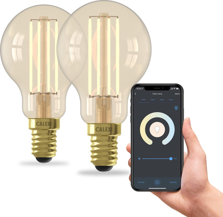 Lampe intelligente Calex - lot de 2 pièces - éclairage à filament LED wifi - e14 - ampoule intelligente or - dimmable - lumière blanche chaude - 4,5w