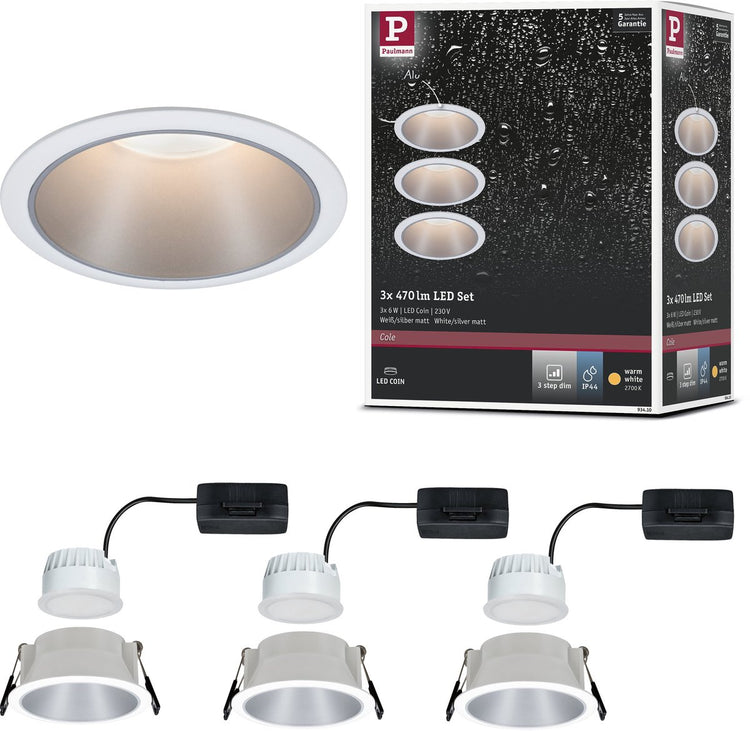 Paulmann lampe à encastrer LED 3-step-dim cole coin set de 3 ip44 rond 88 mm coin 3x6w 3x470lm 230v dimmable 2700k blanc, argent mat