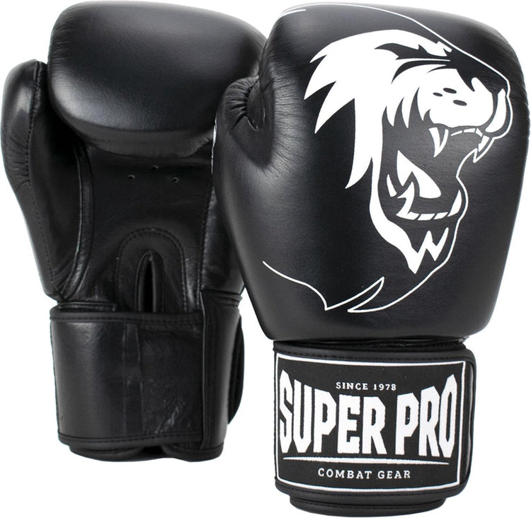 Gants de boxe en cuir Super Pro Combat Gear Warrior (kick) noir et blanc 16oz