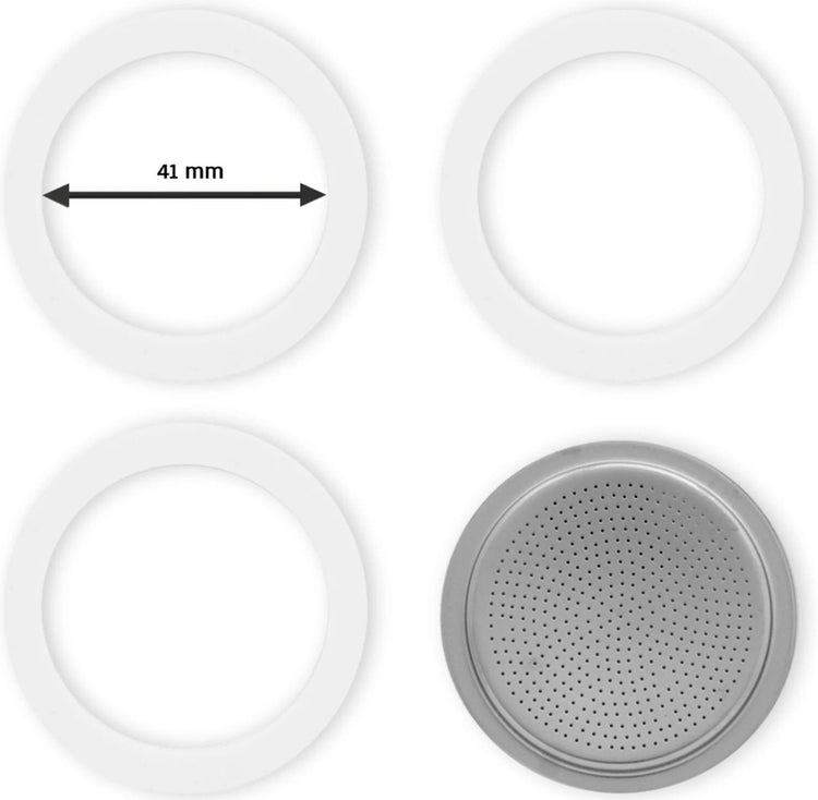 Bialetti - jeu de plaques filtrantes en aluminium (41 mm) - pour moka express et moka induction, 2 têtes - dont 3 anneaux en caoutchouc (taille de la bague intérieure 41 mm)