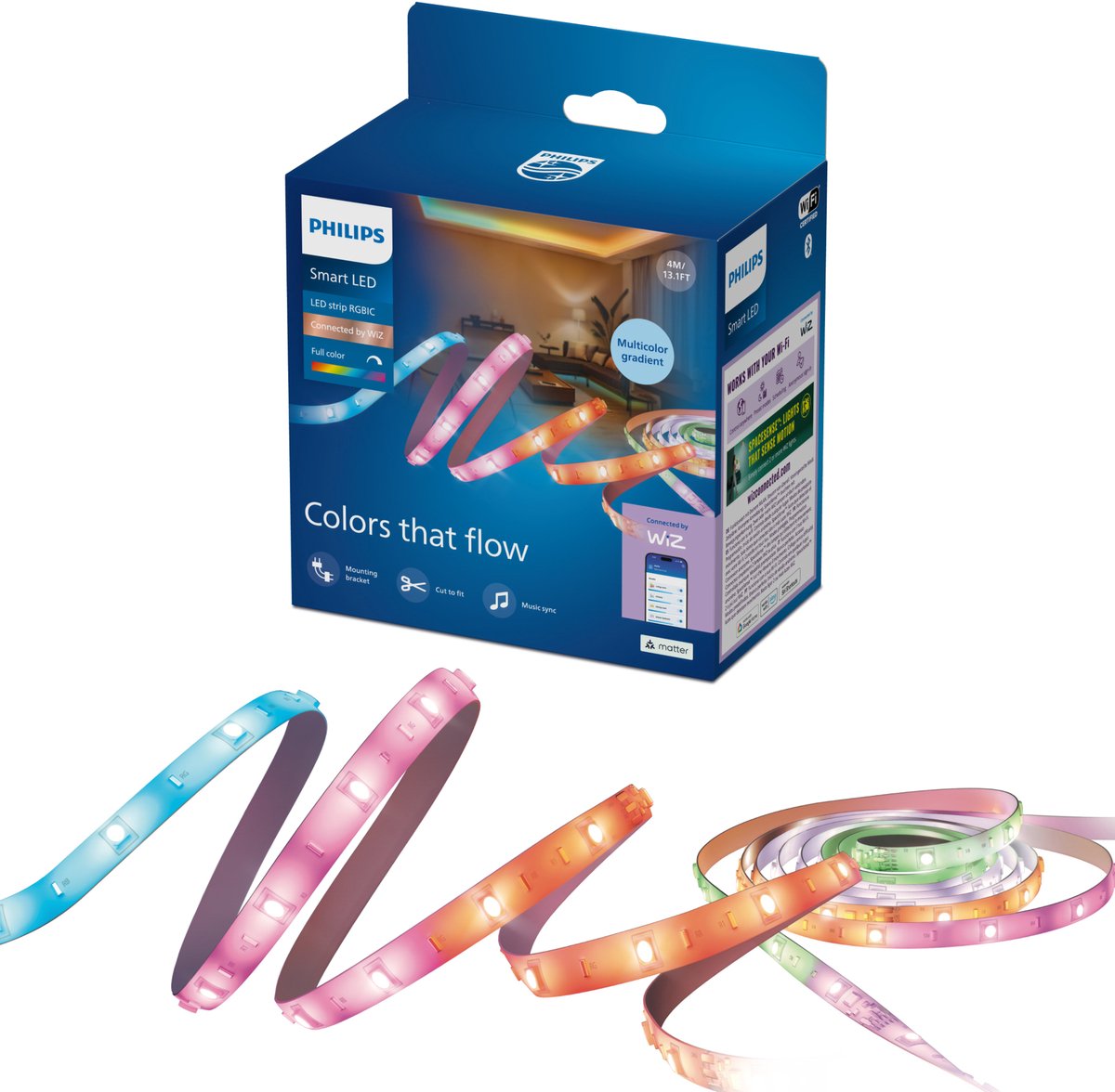 Philips Lighting philips smart Lighting - bande LED - longueur : 4 m - rgbic - lumière blanche colorée et réglable - synchronisation de la musique - fonctionne avec l'application wiz - wifi