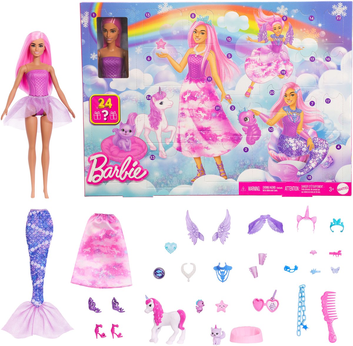 Calendrier de l'Avent Barbie avec poupée mannequin et 24 accessoires surprenants