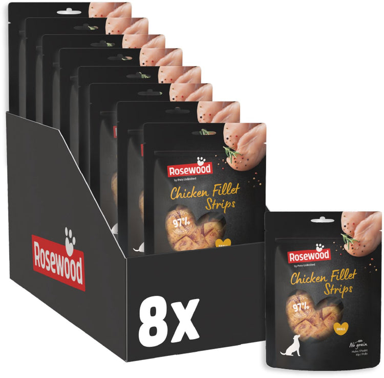 Petites lanières de filet de poulet au bois de rose - Snack pour petits chiens - 97% poulet - riche en protéines, faible en gras - sans additifs artificiels - 8 sachets de 150g