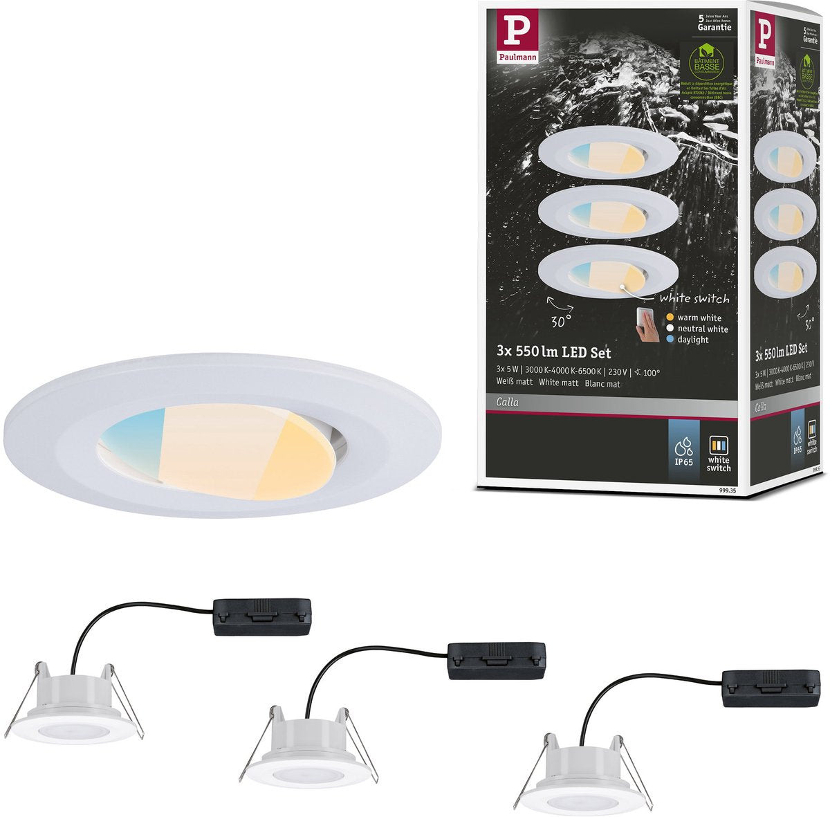 Spots encastrables LED Paulmann calla lot de 3 - blanc mat - ip65 - 5w par spot - 430 lm - 230v - interrupteur blanc - spots encastrables salle de bain