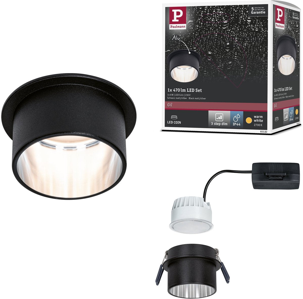 Paulmann lampe à encastrer LED 3-step-dim gil coin ip44 ronde 68 mm coin 6w 470lm 230v dimmable 2700k noir mat, acier brossé