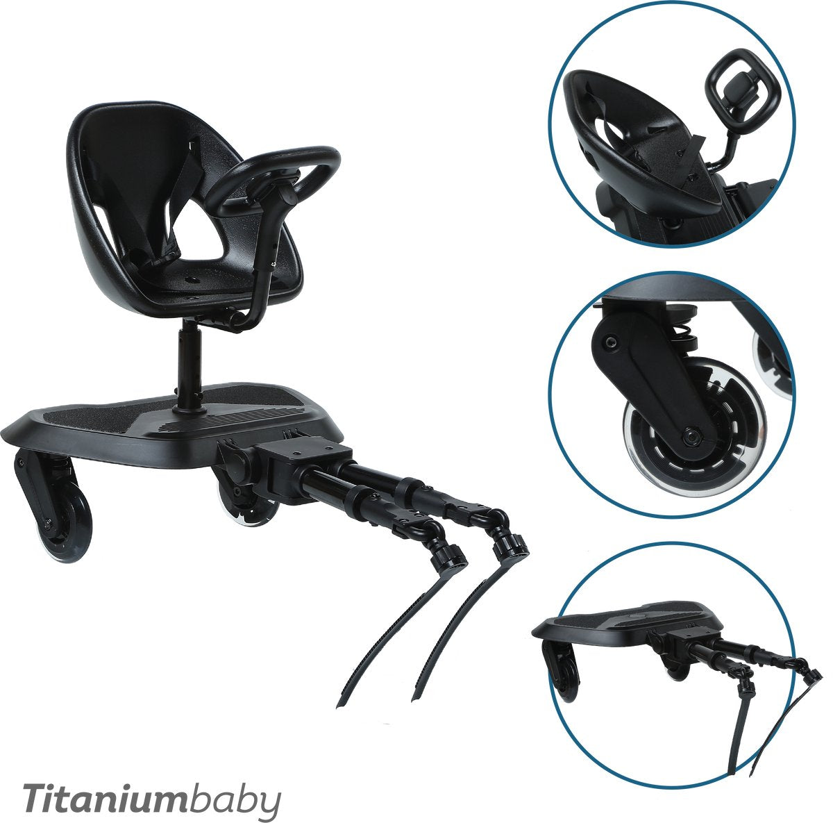 Planche à roulettes pour bébé en titane smart joy2ride avec siège tout noir