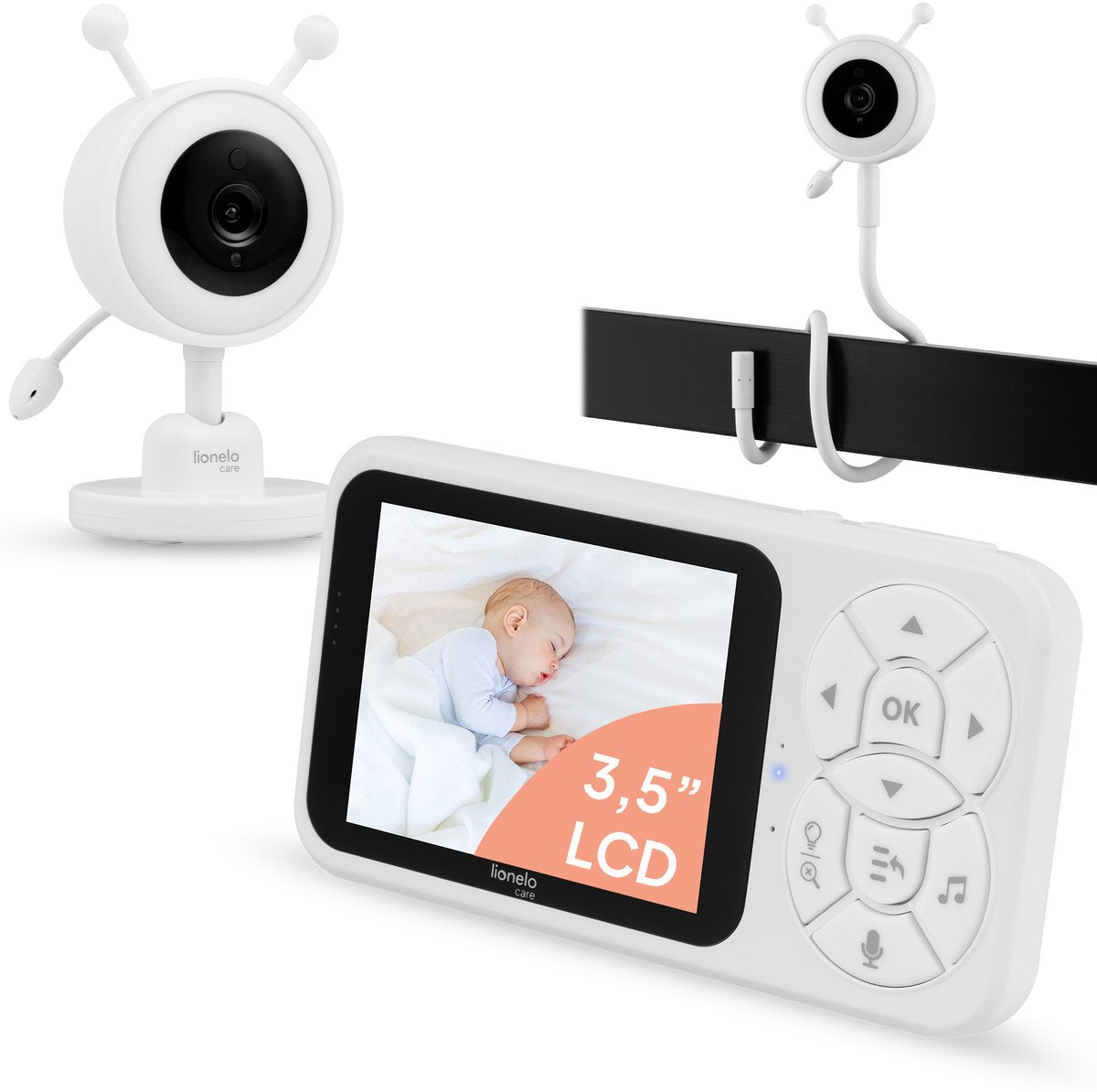 Babyphone Lionelo babyline 3.4 - écran LCD 3,5" - vision nocturne détection sonore vox - communication bidirectionnelle - veilleuse RGB - capteur de température - jusqu'à 4 caméras - portée 300 m - avec bras de montage flexible