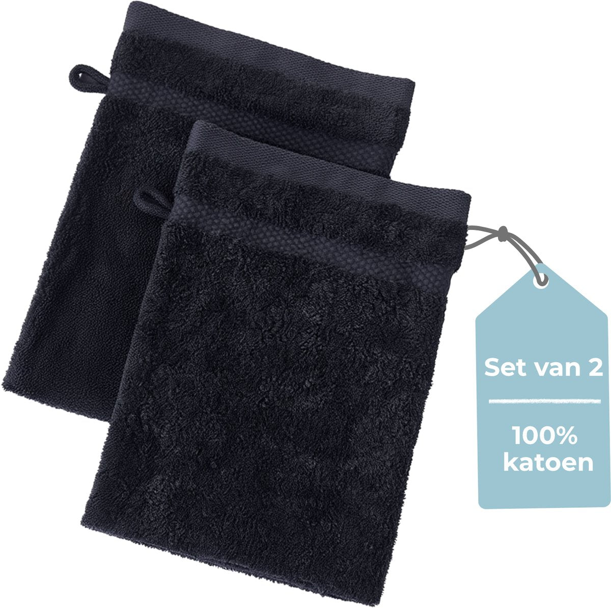 Faire taire. gant de toilette Living Hush Living - lot de 2 - 100 % coton - qualité lourde 500 g m2 - bordure élégante et boucle de suspension - 16x22 cm - noir