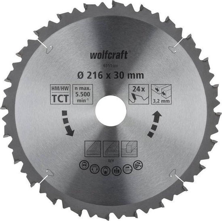 Wolfcraft - lame de scie circulaire 216x30 mm scie à tronçonner - 24 dents - convient aux scies à tronçonner et scies à table - 6551000
