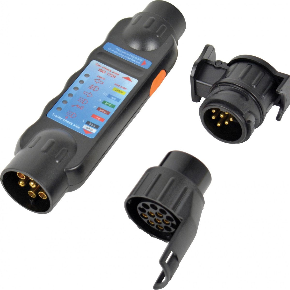 Branchez le testeur avec 2 adaptateurs 7 13 -pin 12 volts noirs