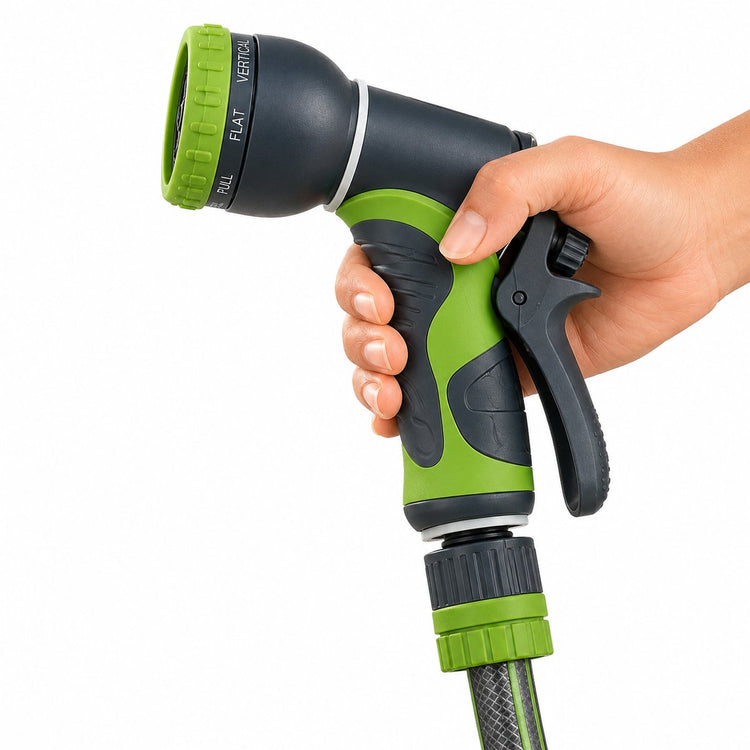Tuyau d'arrosage avec pistolet pulvérisateur Kinzo - Pistolet pulvérisateur avec 8 fonctions - Arroseur de jardin pour l'arrosage et le nettoyage - Jet d'eau réglable - Vert et noir