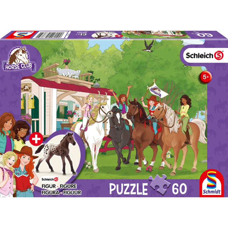 Schmidt - puzzle - réunion du club hippique à la caravane - chevaux - schleich - 60 pièces + figurine originale - enfants - à partir de 5 ans