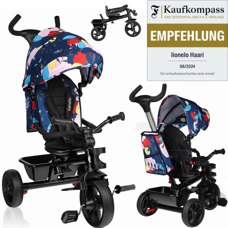 Lionelo haari - tricycle - porte-gobelet - 2en1 - siège pivotant - roues en caoutchouc sans entretien - roue libre - barre coulissante pour parents - auvent - panier et sac - porte-gobelet - grandit avec vous - de 18 mois à 25 kg