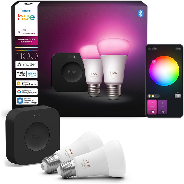 Kit de démarrage Philips hue - lumière blanche et colorée - 1 bridge pro - pack de 2 e27 1100 lumens