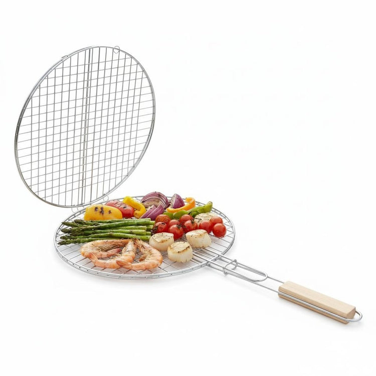 Panier à grillades Alpina - accessoire de barbecue en métal avec manche en bois - panier à grillades pour légumes, poisson, viande - grille rotative à mailles fines - facile à nettoyer