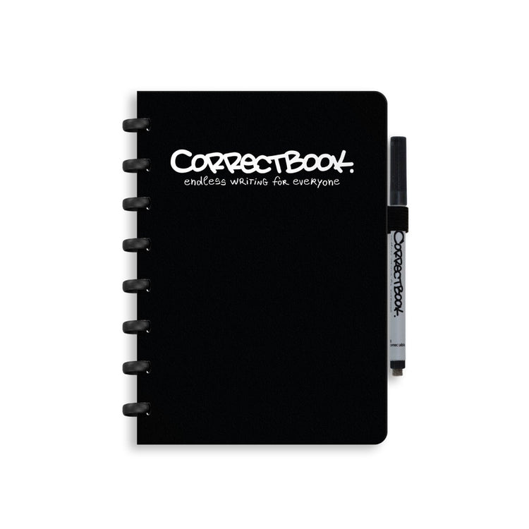 Carnet effaçable Correctbook a5 – encre noir noir – vierge – carnet réutilisable – avec lingette pour stylo – peut être complété par des pages supplémentaires