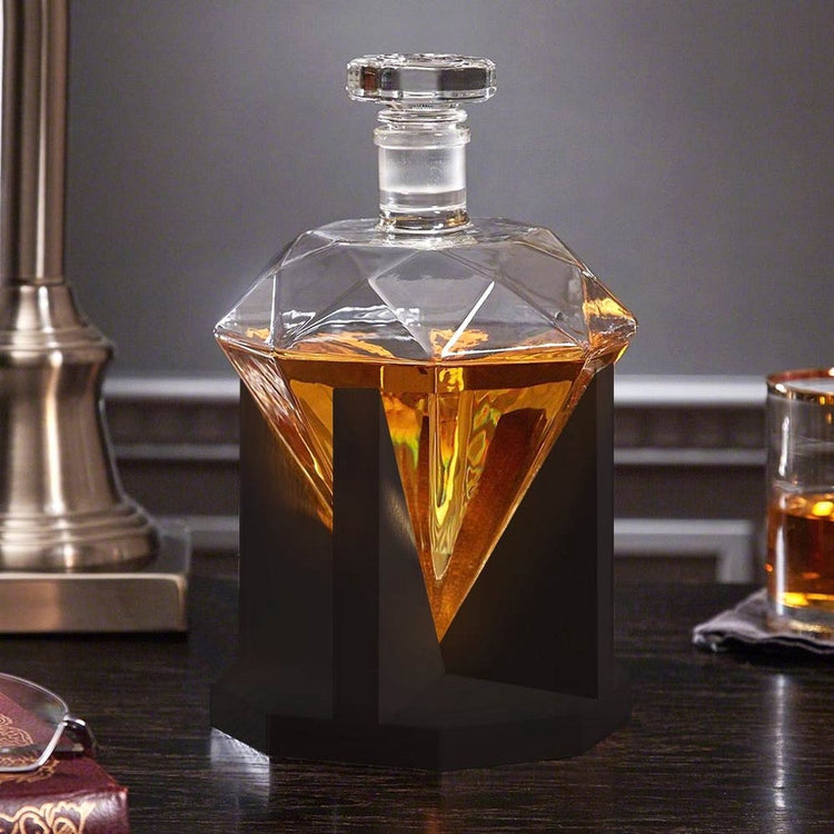 Ensemble carafe à whisky diamant Mikamax - 850 ml - carafe de luxe avec base en chêne - 9 pierres rafraîchissantes