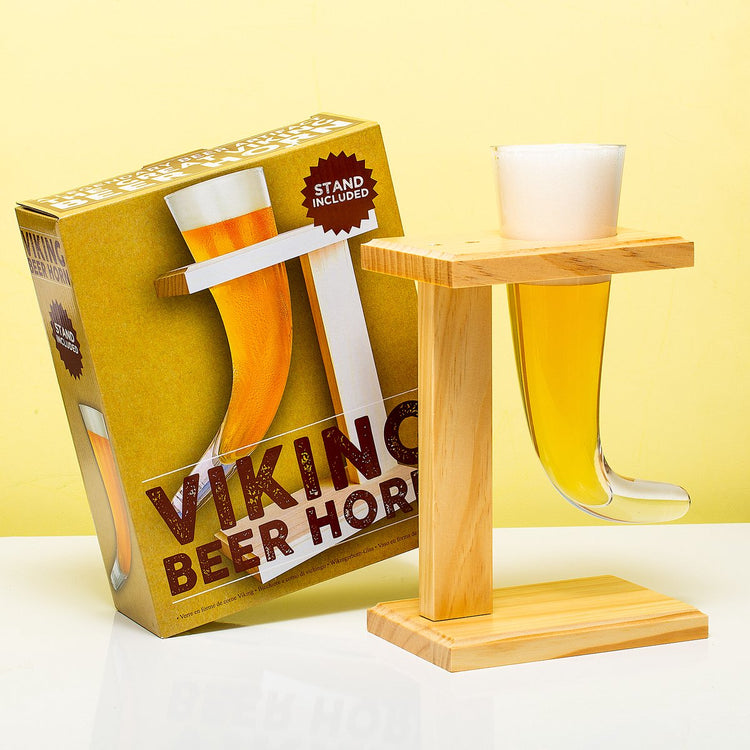 Corne à boire viking #winner - verre à bière - 480 ml - verre sodocalcique - avec support à bière en bois - 59263