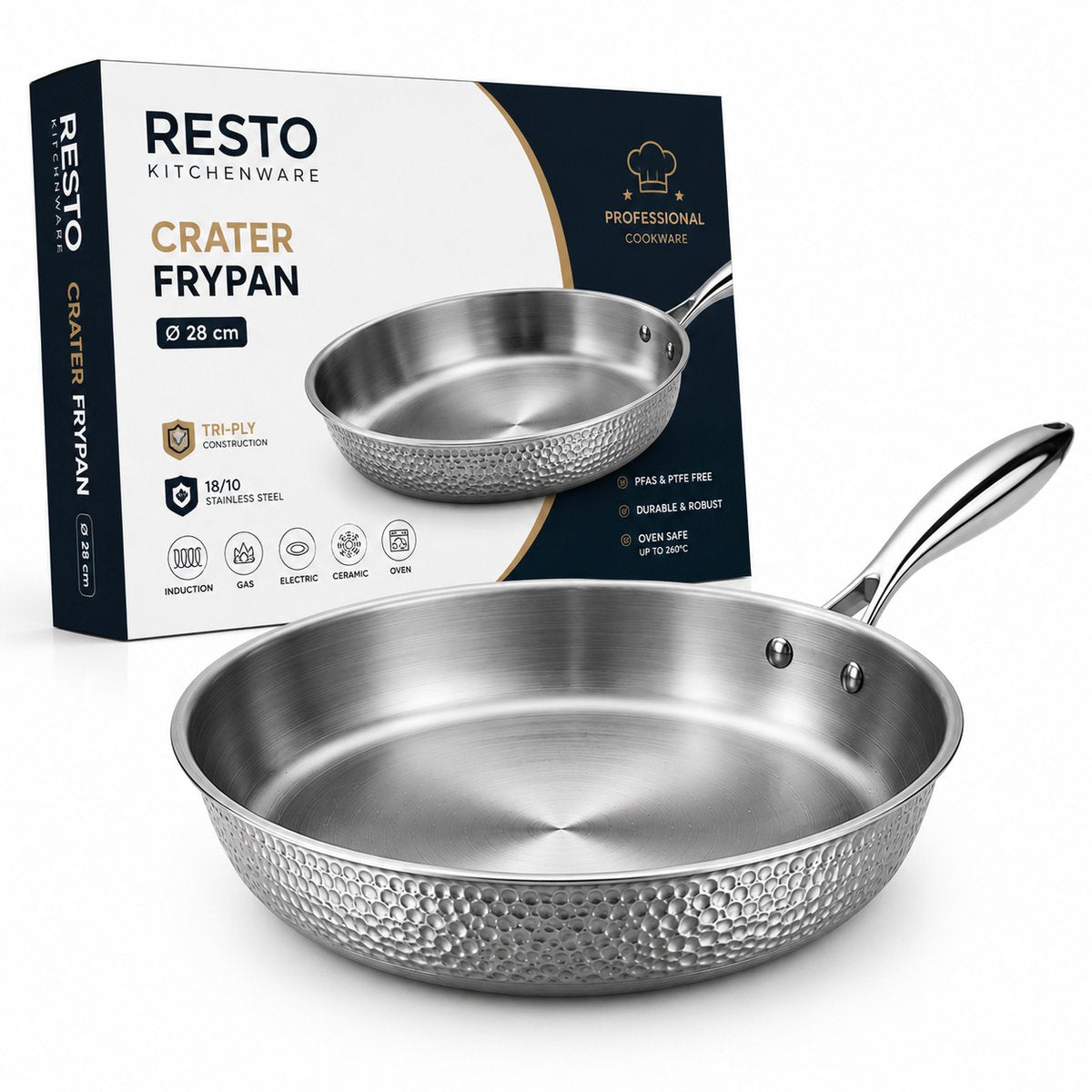 Poêle Resto cratère 28 cm – poêle inox triple épaisseur – compatible induction – poêle professionnelle – revêtement antiadhésif pfluon – passe au four