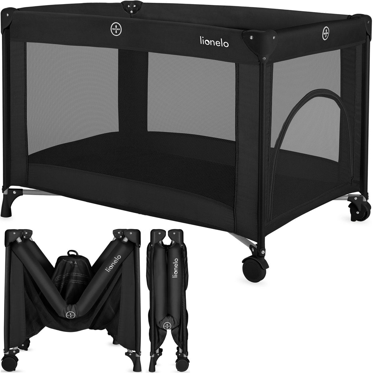 Lit de camping Lionelo amélie 3en1 : lit bébé + lit parapluie + parc – avec matelas confortable – compact et léger – entrée latérale – sac de voyage – 70x100 cm