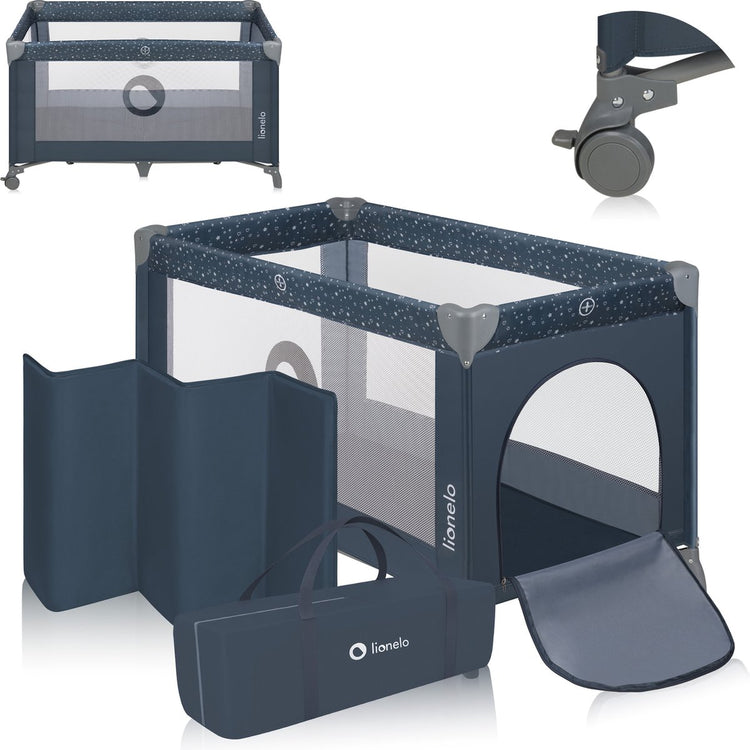 Lit de camping Lionelo 3 en 1 - lit bébé parc pliant lit de voyage - 60x120 cm - 0-36 mois jusqu'à 15 kg - avec matelas confort - entrée latérale avec fermeture éclair - roulettes - sac de transport - lit bébé stefi berceau bébé