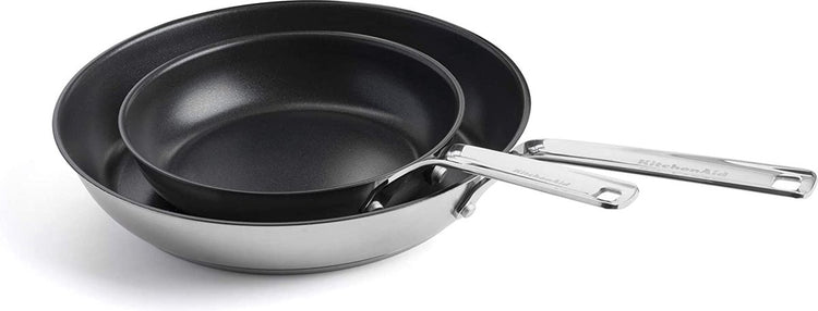 Kitchenaid ensemble de poêles à frire en acier inoxydable 2 pièces - 20 à 28 cm - revêtement antiadhésif sans PFA - set de poêles à induction - poêle en céramique - passe au four jusqu'à 160°c - argent