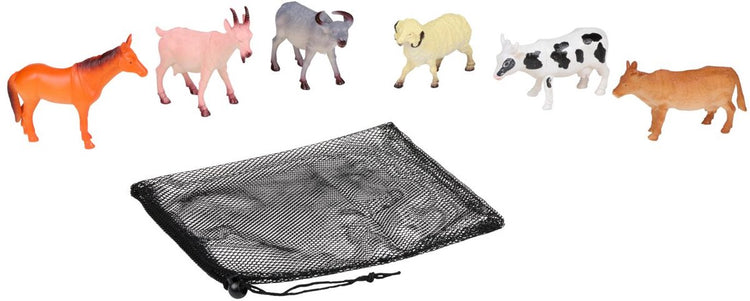 Eddy Toys ensemble de jeu d'animaux de la ferme 6 pièces – ensemble d'animaux avec cheval, vache, mouton, chèvre, bélier et taureau – avec filet de rangement
