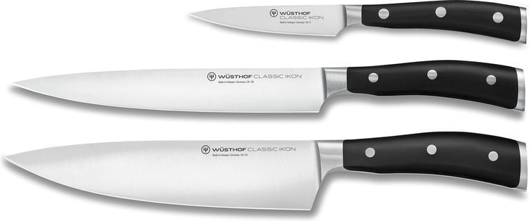 Wusthof wüsthof classic ikon set de couteaux - set de 3 pièces (couteau de chef 20 cm, couteau à découper 20 cm, couteau de bureau 9 cm) - acier inoxydable forgé - manche ergonomique riveté - idéal pour un usage professionnel et domestique