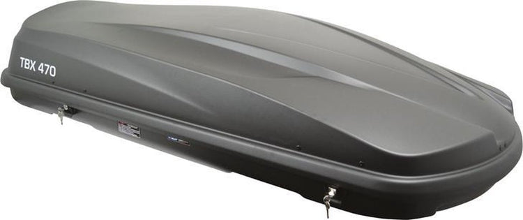 Coffre de toit Twinny Load TBX 470 - capacité 470 litres - capacité de charge maximale 75kg - serrure centrale 2 points verrouillable - fixation sur support en U - dimensions 189x78x38cm