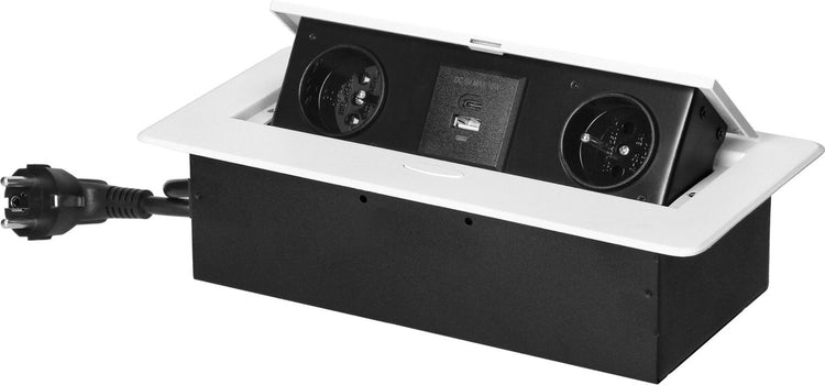Multiprise de bureau Orno - multiprise escamotable avec 2 prises, USB A C - fiche de distribution intégrée avec finition en acier inoxydable - boîtier de distribution avec câble de 1,5 mètre - pour max. 3680 watts - broche de terre - blanc