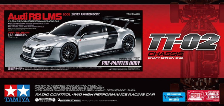 Tamiya modèle kit voiture - 47517 voiture rc - audi r8 lms 2008 - tt02 - carrosserie peinte en argent rc plastique - 1:10 - modélisme