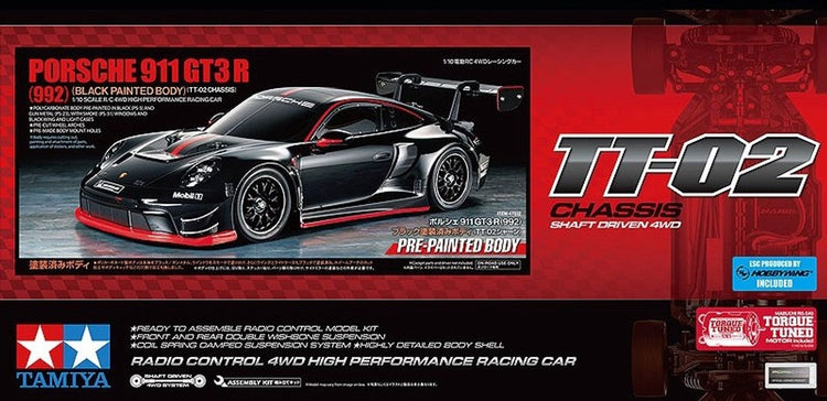 Tamiya modèle kit voiture - 47512 voiture rc - porsche 911 gt3 r (992) - tt-02 - carrosserie pré-peinte rc plastique - 1:10 - modélisme