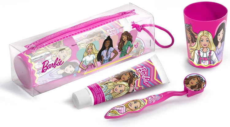 Lorenay - barbie - set brosse à dents + dentifrice + tasse + étui - sac de voyage pour enfants