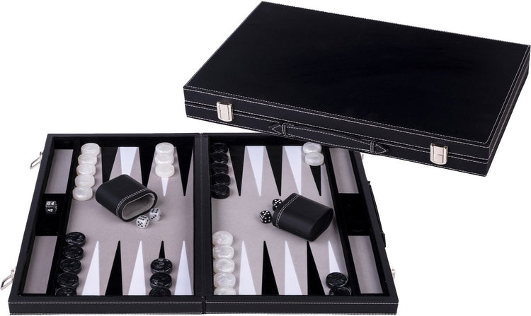 Backgammon Engelhart 18 pouces - plateau incrusté gris, noir et blanc - étui noir de luxe avec poignée -