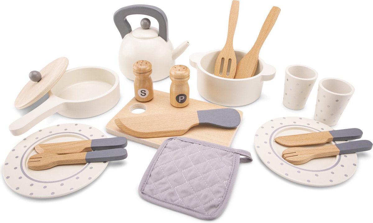 Woet ® ensemble de vaisselle et de poêles en bois pour enfants - ensemble de jeu de 20 pièces avec casseroles, vaisselle et couverts - accessoires de cuisine jouets pour enfants - jouets de cuisine de jeu de rôle - à partir de 2 ans