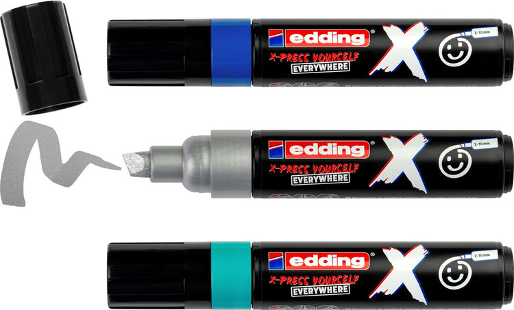 Edding 6900 x multimarqueur - lot de 3 bleu, turquoise, argent - convient à toutes les surfaces - pointe biseautée 2-10 mm - encre végétalienne - en plastique recyclé - produit localement en Allemagne