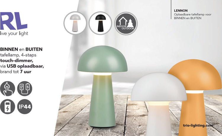 Rl live your light reality lennon - lampe de table - vert olive - incl. 1x smd 2w - rechargeable - lampe d'extérieur - dimmable - éclairage extérieur - ip44