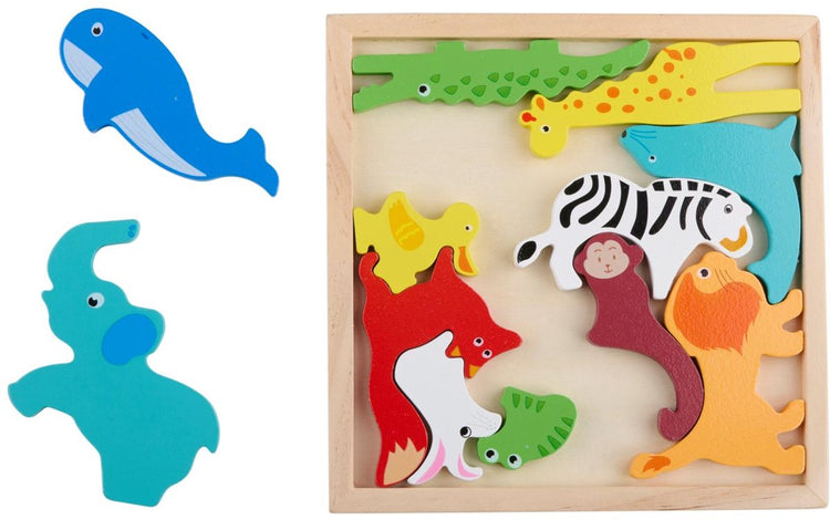 Puzzle animal en bois marionnette avec planche de puzzle - 12 pièces - Puzzle pour enfants avec figures d'animaux - Jouets puzzle en bois pour enfants - Puzzle animal avec cadre en bois