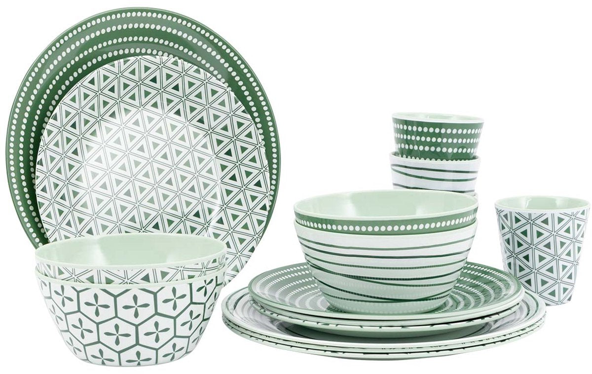 Vaisselle Bo-camp - mix match - 16 pièces - mélamine - vert - feuille